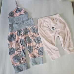 Set of 3 Carter's Bear Butt Pants Pink Gray‎ Flower Pants & Hat Baby Girl 6M